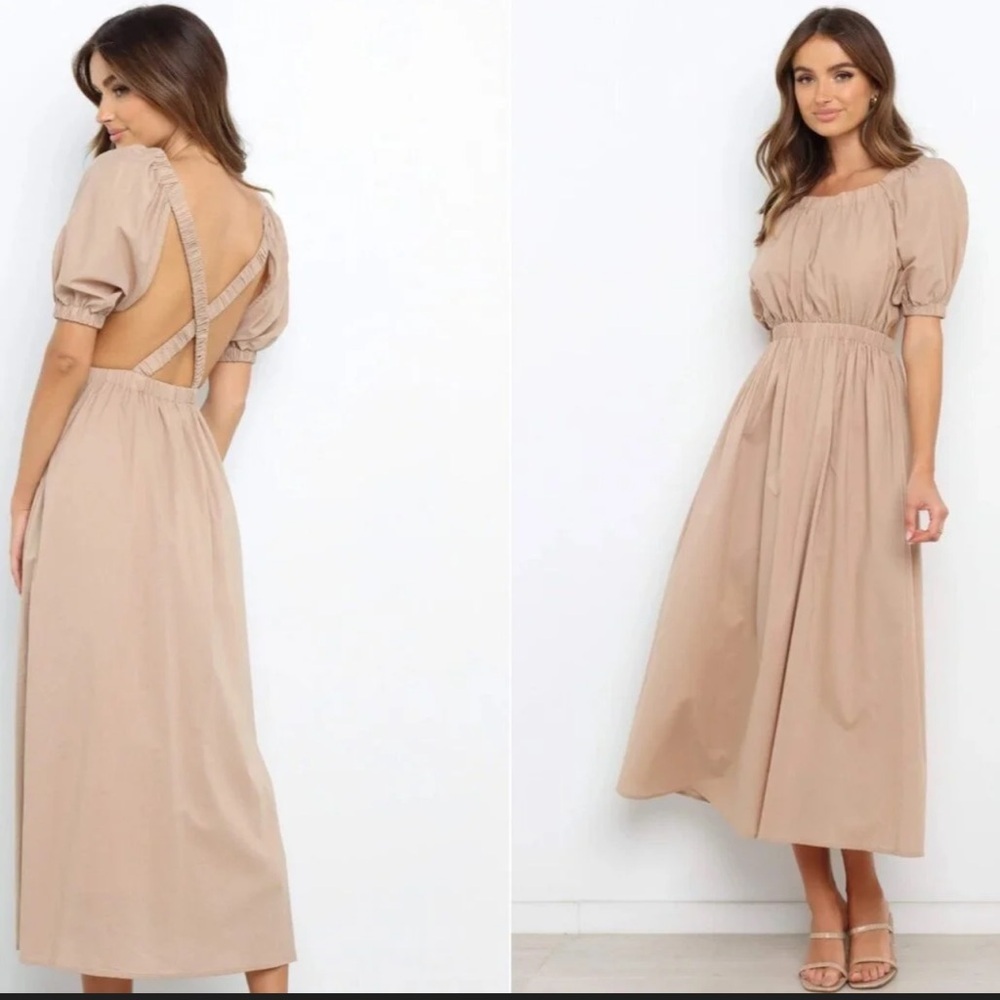 NWT Petal & pup Ollie beige midi-length puff sleeves open back dress new - Picture 2 of 9
